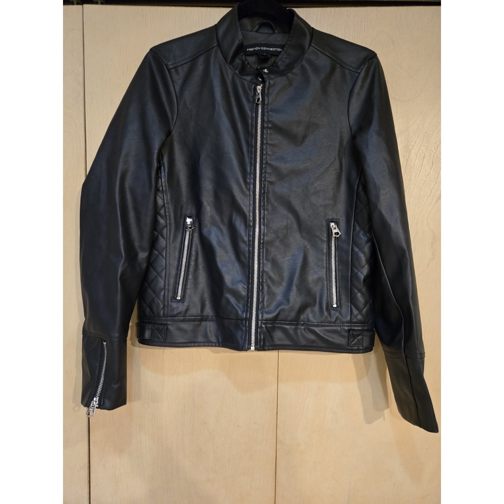 French Connection Womens S Black Faux Leather Moto Jacket Quilted Biker Zip